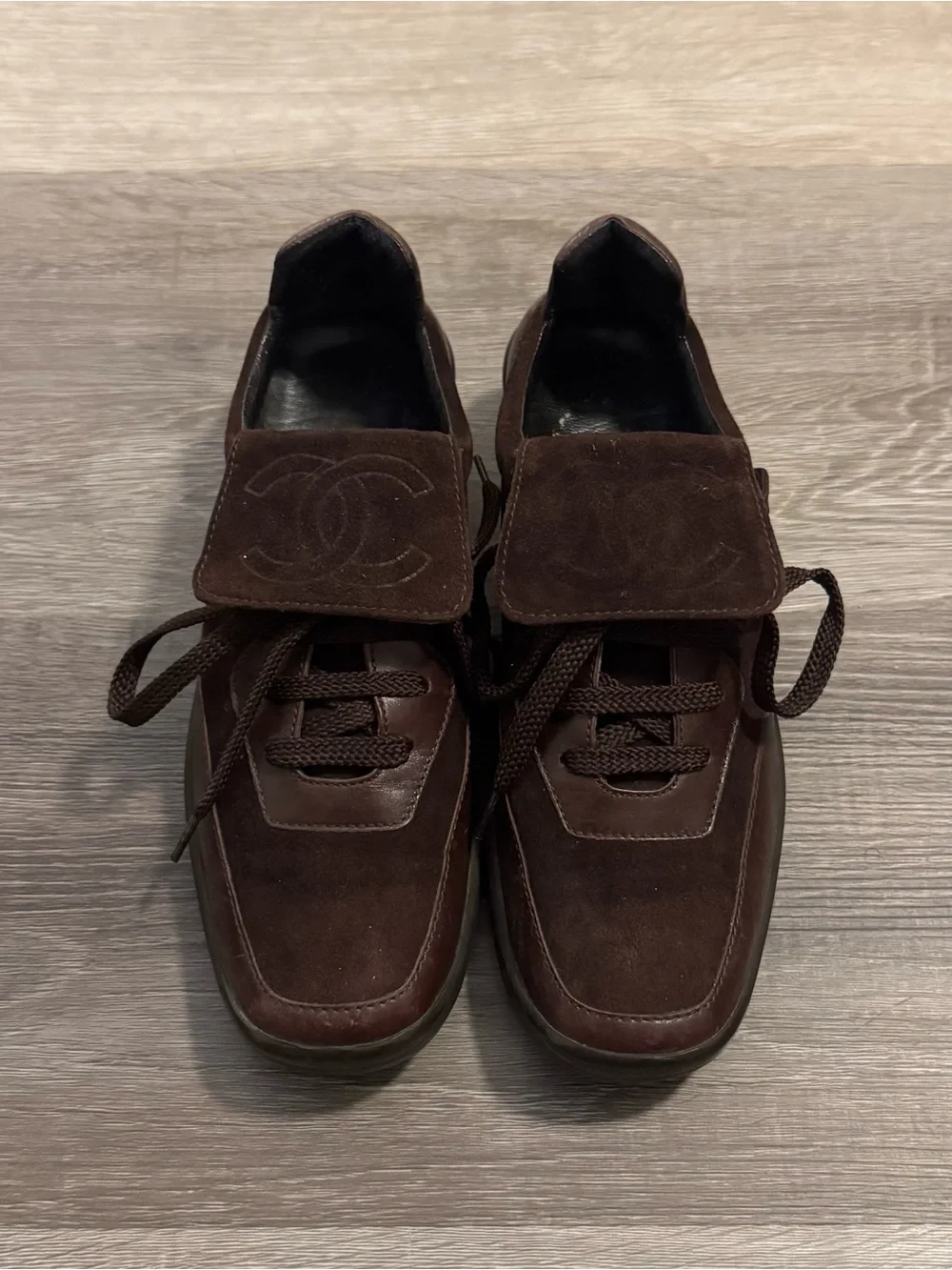 CHANEL Brown Suede Leather Lace-Up Sneakers Logo Accents Men EU 35